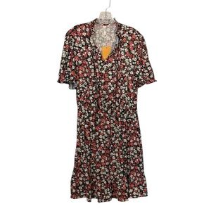 Amazon Grecerelle Dark Floral Dress Tie Neck Ruffle Short Sleeve A-Line Mini XL